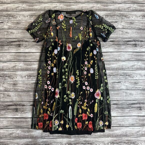 The Vintage Shop Women's Short Lace Overlay Mini Dress S SM Small Black Floral - Picture 13 of 14